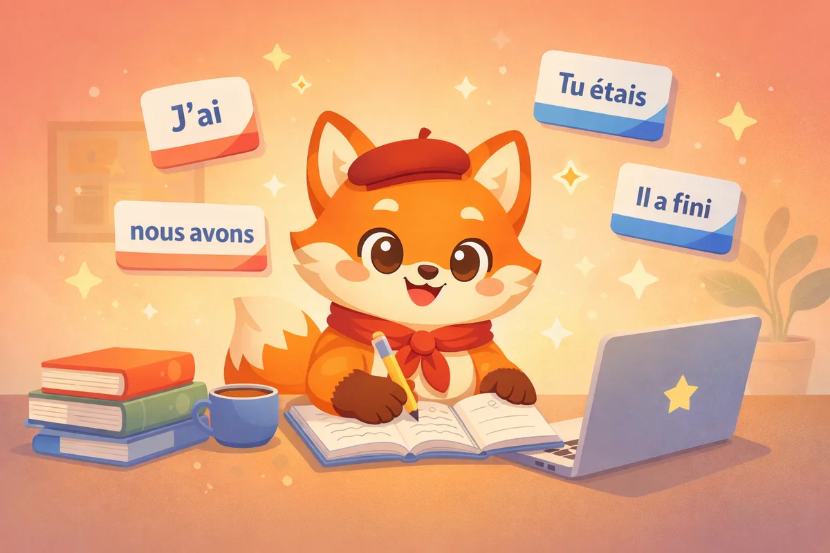 PastQuest fox studying French with a notebook and laptop